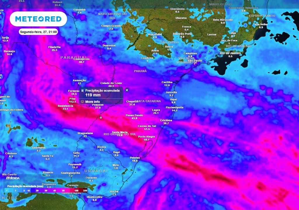 Previsão de acumulados totais de chuva até o final da segunda-feira. Previsão de acumulados totais de chuva até o final da segunda-feira mostra que os acumulados de chuva podem ultrapassar os 100 mm em diversos municípios, especialmente no RS.