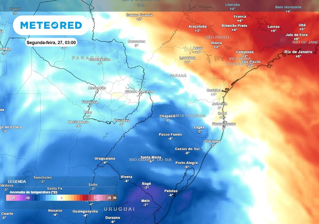 Previsão de anomalias de temperatura em 850 hPa na segunda-feira de madrugada. Previsão de anomalias de temperatura em 850 hPa na segunda-feira de madrugada mostra a abrangência da massa de ar frio que avançará durante o final de semana, cobrindo diversos estados.