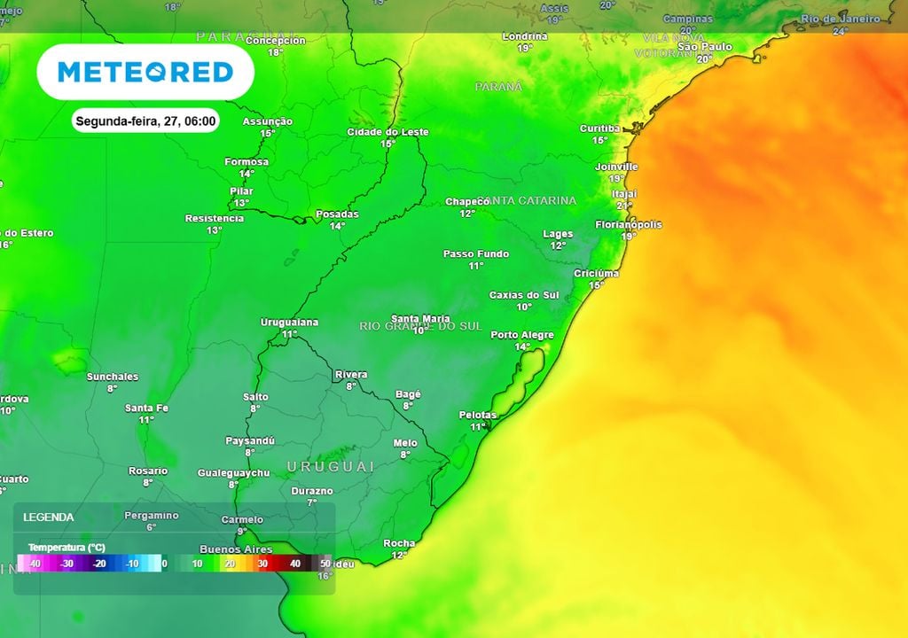 Previsão de temperaturas mínimas na segunda-feira durante a madrugada. Previsão de temperaturas mínimas na segunda-feira durante a madrugada mostra que grande parte do RS e parte de SC registrarão temperaturas abaixo dos 10°C, com risco de geadas pontuais.