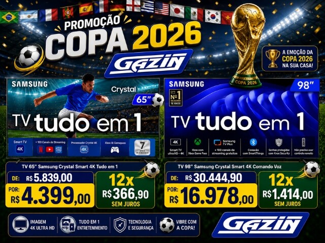 ⚽ Promoção Copa 2026 Gazin: leve sua Smart TV Samsung com super desconto e viva toda emoção da Copa em casa!